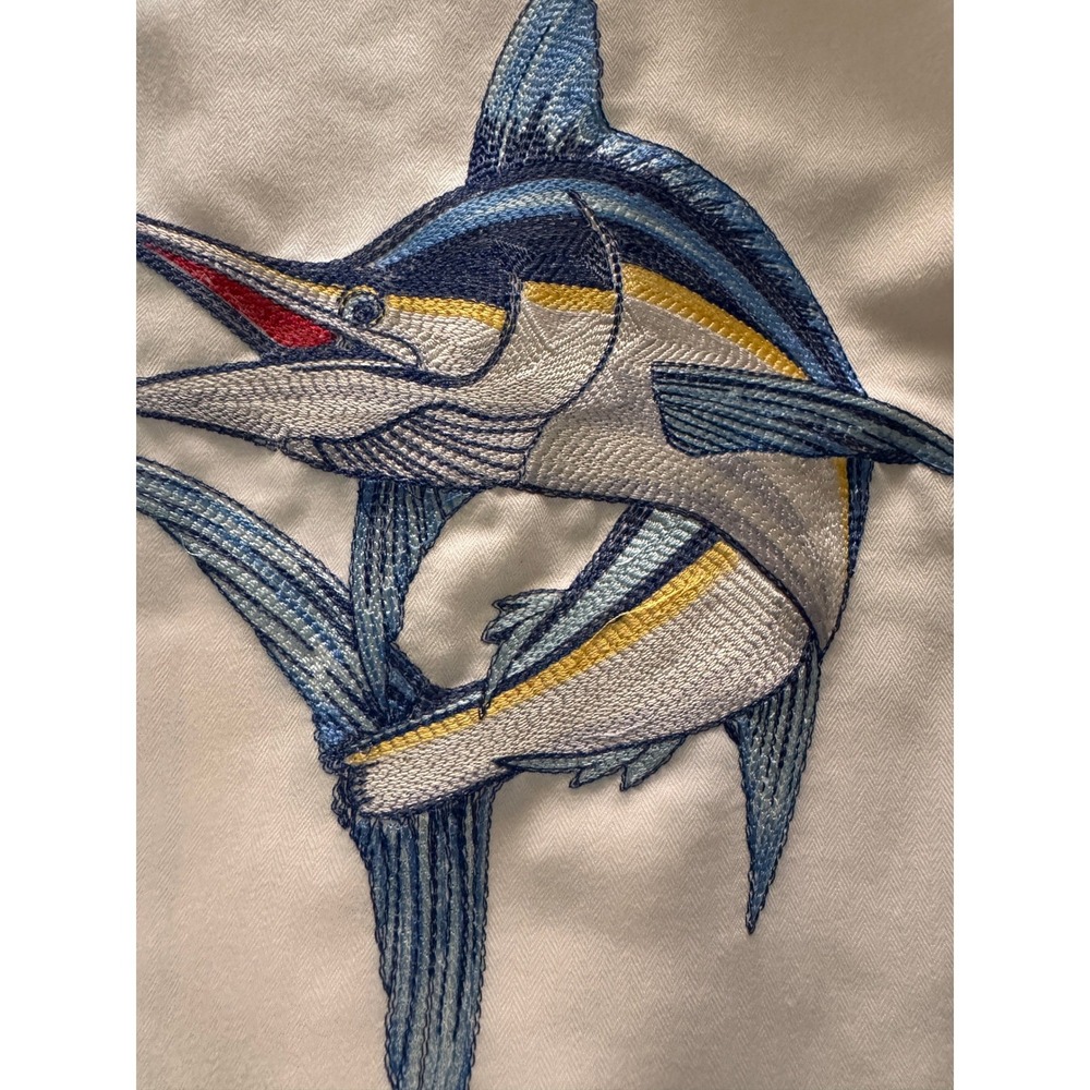 Hook & Tackle‎ Mens Marlin Embroidered Camp Shirt Cream Herringbone Limited Ed L
